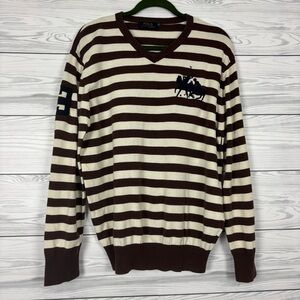 VTG POLO RALPH LAUREN BIG PONY #3 JERSEY SWEATER BROWN WHITE STRIPED XL